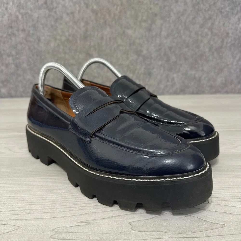 Franco Sarto Balin Lug Sole Loafers Womens 10 Navy Patent Chunky Platform‎